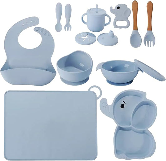Silicone Baby Feeding Set 15-Piece BPA-Free Baby Led Weaning Kit for 6+ Months – Elephant Suction Plate, Bowl, Forks, Spoons, Bib, Cup, lids, Teether & More – Gift Kraft Box – Baby Registry Blue Gray