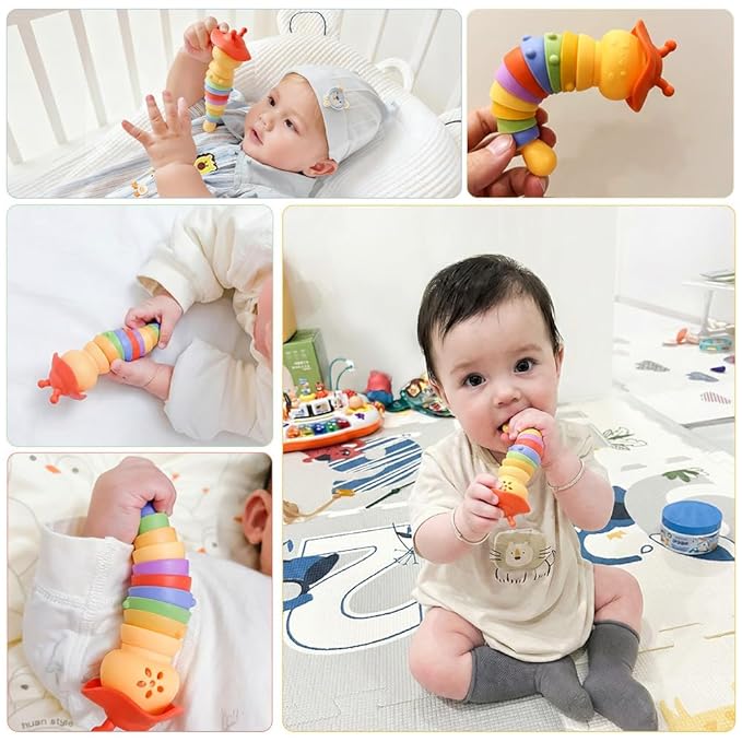 Baby Teething Toy, Caterpillar Silicone Baby Teether Rattle Toys, BPA-Free Sensory Development & Color Recognition Learning for 0 6 10 12 18 Babies Toddler Teething Relief LC1