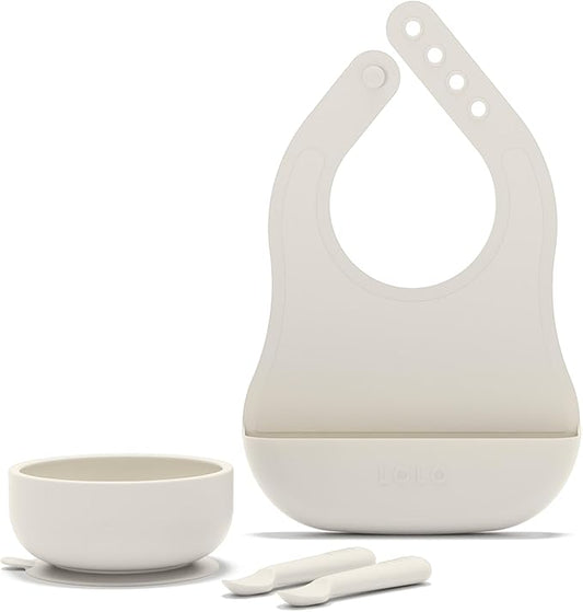 Lalo First Bites Starting Solids Silicone Baby Feeding Set with Suction Bowl, 2 Spoons and 1 Bib - 4-Piece Baby-Led Weaning Supplies - Non-Toxic Silicone Infant Tableware - Oatmeal