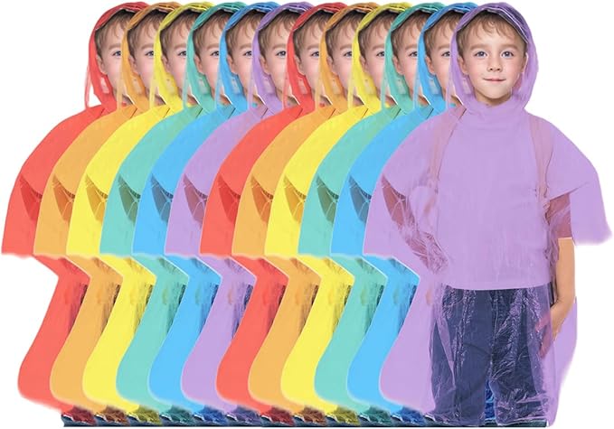 Hitituto Rain Ponchos Family Pack Kids– 6/12/24 Pack Disposable Poncho with Hood, Clear & Assorted Colors, Home Survival Kits
