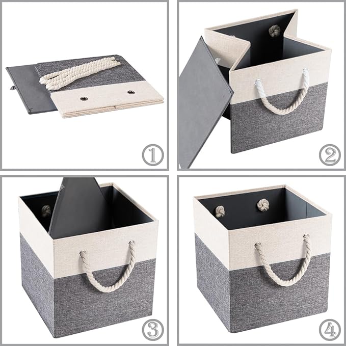 PRANDOM Large Foldable Cube Storage Bins 13x13 inch [2-Pack] Fabric Linen Storage Baskets Cubes Drawer with Cotton Handles Organizer for Shelves Nursery Closet Bedroom White and Grey