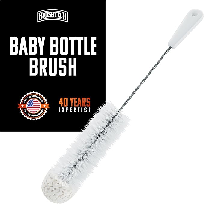 Brushtech Foam-Tipped Baby Bottle Brush, Pack of 2 - Durable & Soft Bristles & Foam Tip for Deep Bottle Cleaning - Made in USA, Cleaning Tools for Glass & Plastic Bottles