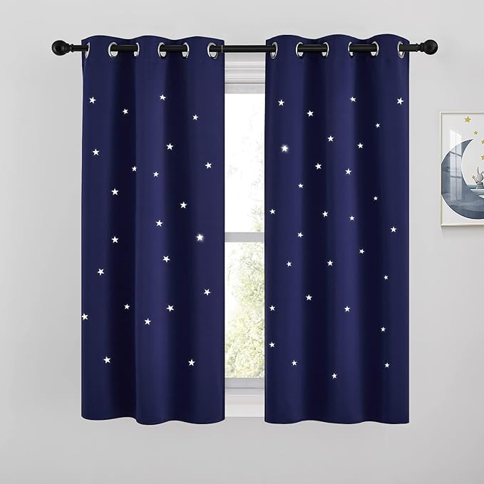 NICETOWN Kids Room Darkening Navy Blue Curtains, Galaxy Theme Starry Blackout Drapes Thermal Insulated Small Window Grommet Curtains (1 Pair, W34 Inches x L54 Inches)