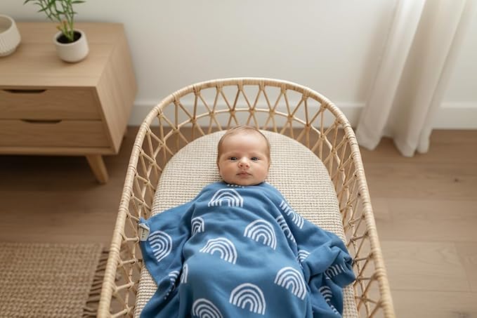 Baby Receiving Blanket Boys 100% Cotton Buttery Soft Cozy Receiving Swaddle Crib Stroller Blanket for Shower Gift Registry for Newborns, Infants, Toddlers (Rainbow - Blue)