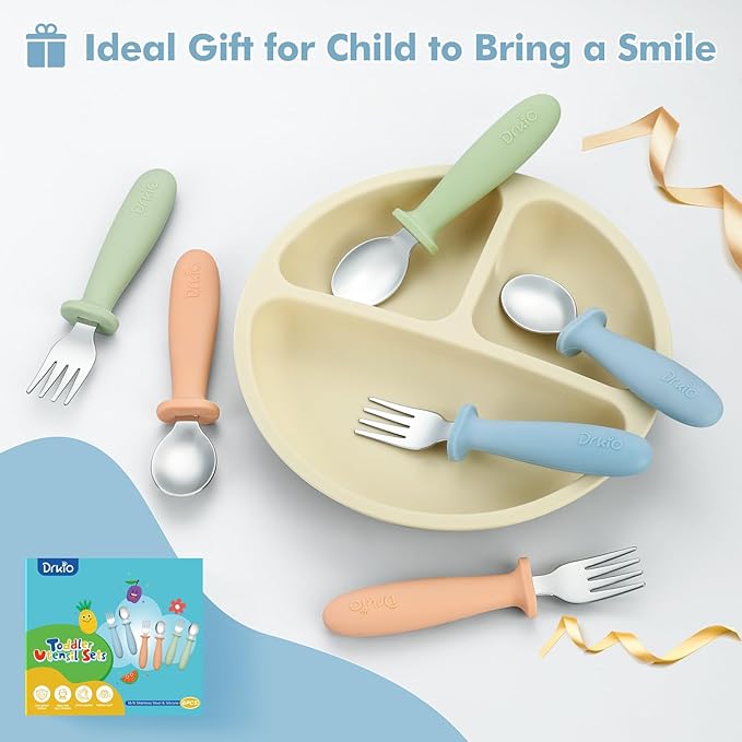 DRKIO 6 Pieces Toddler Utensils Set - Kids Silverware Set with Silicone Handle Children Safe 18/8 Stainless Steel Forks and Spoons Anti-Choke Design Food Grade Dishwasher Safe