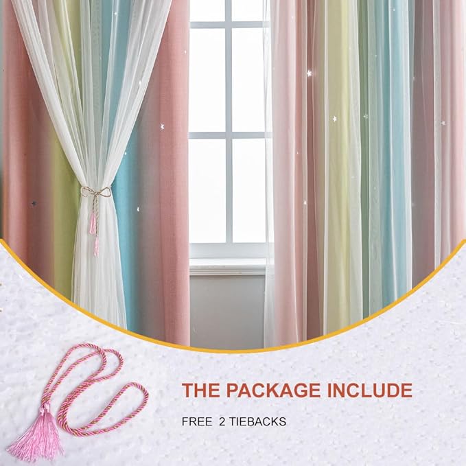 Star Girl and Kids Curtains for Bedroom Rainbow Ombre Double Layer Cute Shot Nursery Darkening Grommet Princess Room Décor 2 Panels Living Room Window Curtain （Blue Pink 52W x 63L）