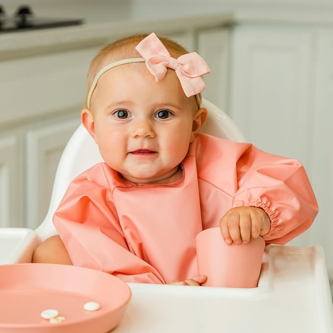 Tiny Twinkle Long Sleeve Bib for Babies & Toddlers | 2-Pack Waterproof Smock Bib for Eating | Machine Washable & Mess-Proof Feeding Essentials | Newborn Shower Gift (Peach Terracotta,6–24M)