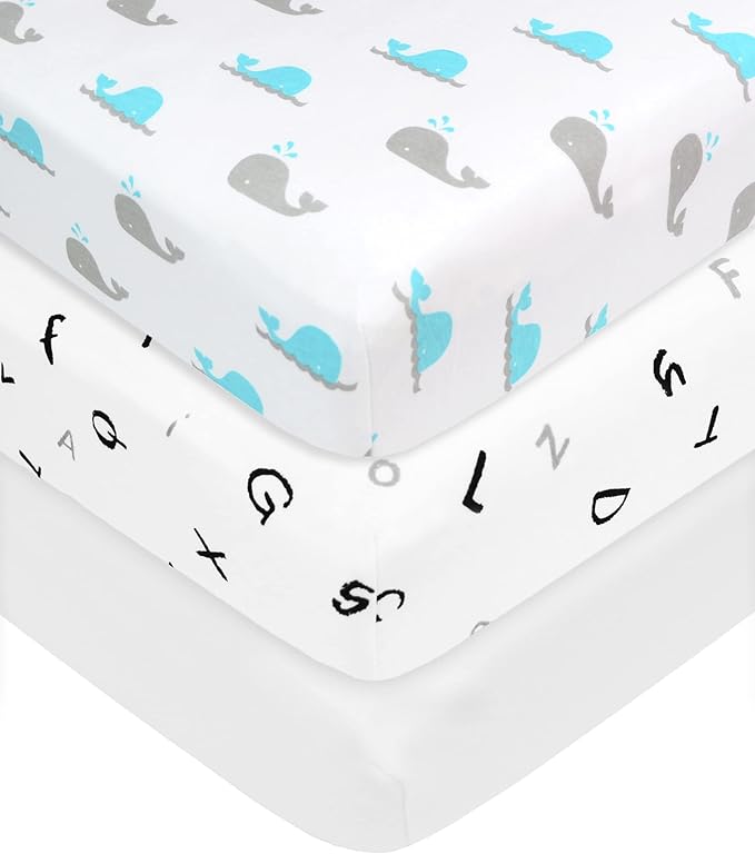 American Baby Company 15" x 33" Fitted Bassinet Sheet, 100% Natural Cotton Jersey Knit, Alphabet/Aqua/White, Soft Breathable, for Boys and Girls, Pack of 3