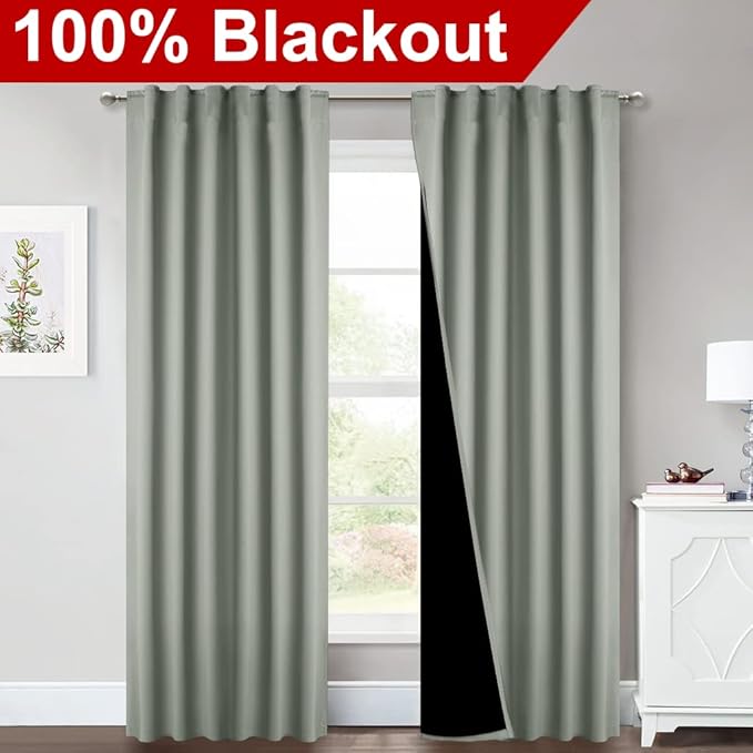 NICETOWN Greyish Green 100% Blackout Window Curtain Panels, Cold and Full Light Blocking Drapes with Black Liner for Nursery, 84 Inches Drop Thermal Insulated Draperies (2 Pieces, 52 inches Wide)