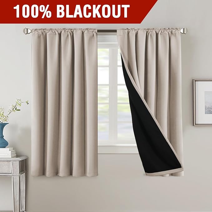 H.VERSAILTEX 100% Blackout Curtains for Bedroom with Black Liner Full Room Darkening Curtain Thermal Insulated Back Tab/Rod Pocket Window Drapes for Living Room, 2 Panels, 42 x 63 Inch, Natural