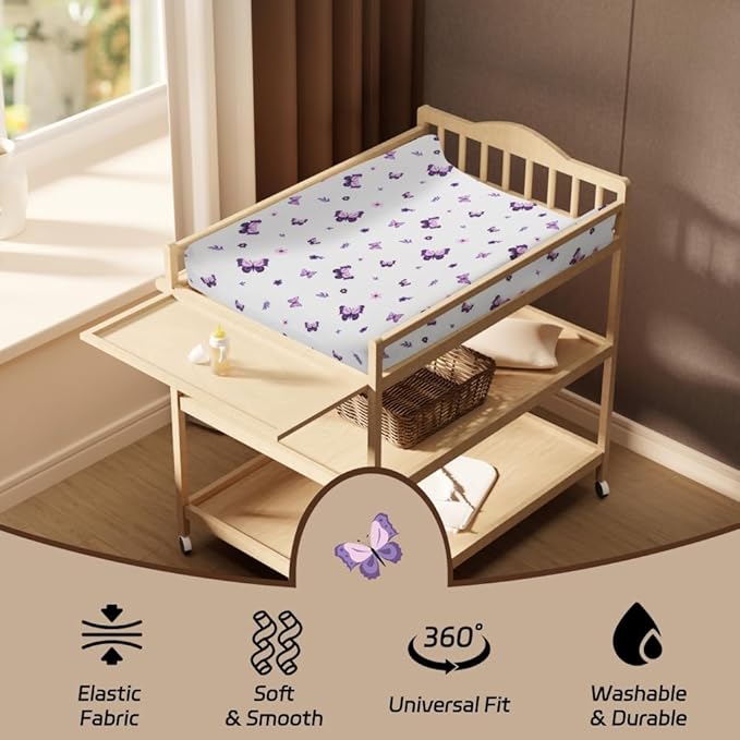 4 Pack Butterfly Baby Crib Sheets for Baby Girls Purple Crib Fitted Sheets for Standard Size Crib and Toddler Mattress Soft and Breathable (Changing Pad)