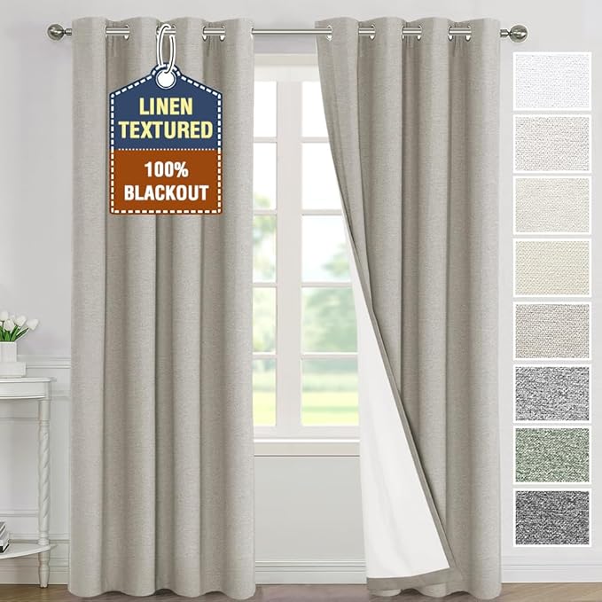 H.VERSAILTEX Thermal Insulated Linen Effect Full Blackout Drapes with Grommets for Privacy, 100% Blackout Linen Curtains 96 inches Long Drapes 2 Panel Set, 52x96 Inch, Heather Oatmeal(Not Solid)