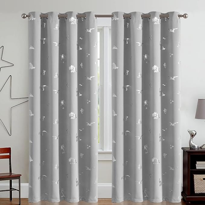Vangao Grey Kids Curtains 84 Inches Length for Bedroom Blackout Dinosaur Curtains for Boys Kids Nursery Girls Room Silver Dino Foil Printed Thermal Insulated Drapes Grommet Top 2 Panels
