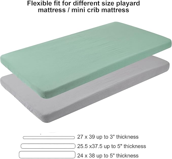 Onacosht Muslin Mini Crib Sheets, 39" x 27" Pack and Play Mattress Sheets Fitted for Pack N Play, Soft Cotton for Boys Girls, 2 Pack, Grey and Green