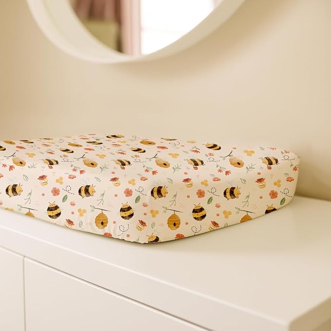 Changing Pad Cover for Baby Boys Girls 2 Pack, Fits Standard 32”×16” Changing Table Pads, Silky Breathable Stretch Knit, Machine Washable (Bee Happy)