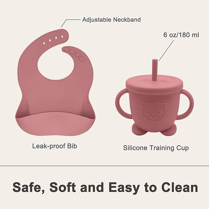 Munlinder Silicone Baby Feeding Set | Baby Led Weaning Supplies Includes Suction Bowls and Divided Plates, Adjustable Bib, Baby Utensils Spoons and Forks,Cup | Baby Feeding Essentials (Red)