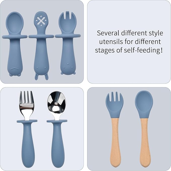 Silicone Baby Feeding Set,13PCS Feeding Essentials with Suction Bowl and Plate,Spoons & Forks,Bib & Cup, Toothbrush,Baby Led Weaning Supplies for 6+ Months - Lake Blue