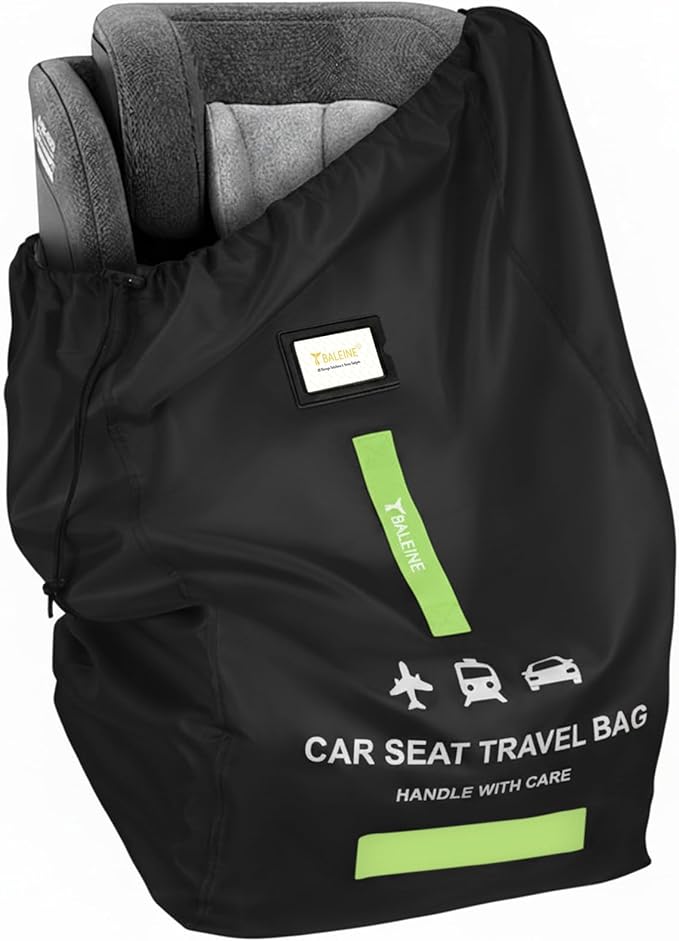 BALEINE Car Seat Travel Bag for Airplane, Water-Resistant Car Seat Bags for Air Travel, Foldable Cover with 3 Handles, Fits Toddler Carseat, Convertible and Booster Seats (Black)