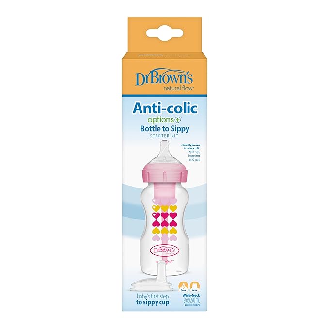 Dr. Brown’s Anti-Colic Options+ Wide-Neck Sippy Bottle Starter Kit, 9oz/270mL, with Level 3 Medium-Fast Flow Nipple and Soft 100% Silicone Sippy Spout, Pink, BPA Free, 6m+