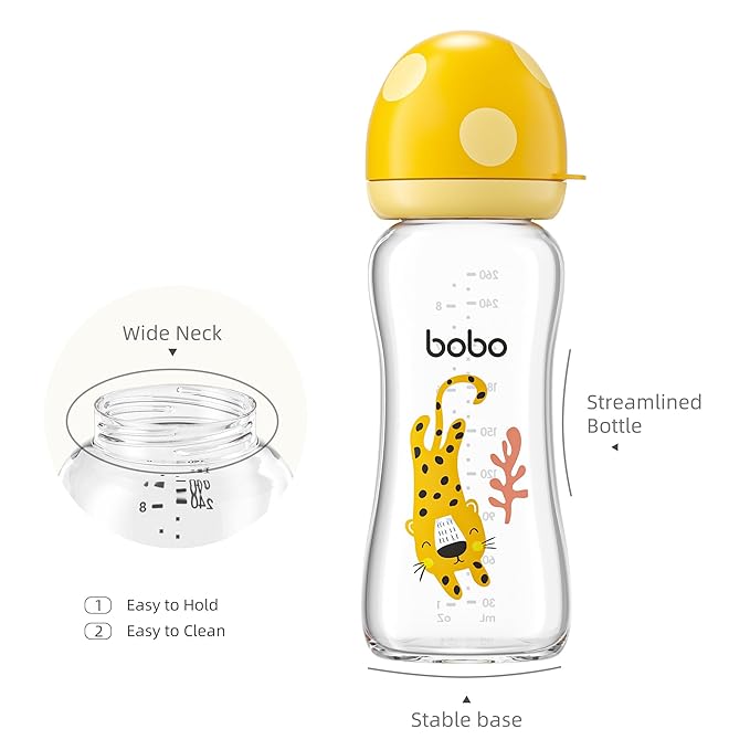 YOHKOH Natural Glass Baby Bottle with Level 2 Medium Flow Nipple, Newborn Anti-Colic Baby Bottles, Wide Neck Mushroom Baby Glass Bottle (8.8ounce (Pack of 4), Yellow2)