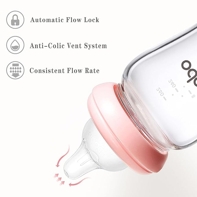 YOHKOH Natural Glass Baby Bottle with Level 2 Medium Flow Nipple, Newborn Anti-Colic Baby Bottles, Wide Neck Mushroom Baby Glass Bottle (3.4oz (Pack of 2), Red)