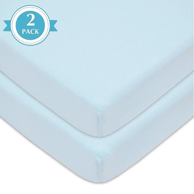 American Baby Company 2 Pack 100% Natural Cotton Fitted Mini Crib Sheets 38" x 24" - Soft & Breathable Small Nesting Portable Sheets, Fits Pack N Play Mattresses, Blue, for Boys & Girls
