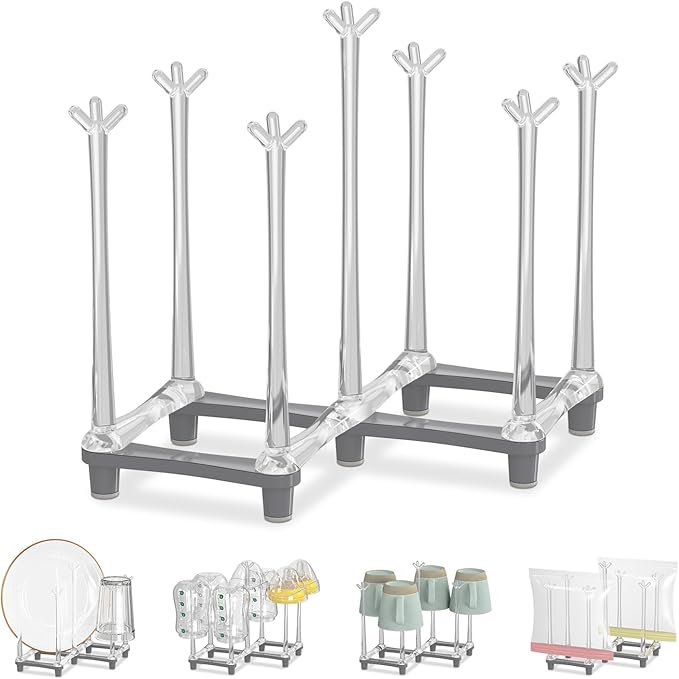 EsLuker.ly Baby Bottle Drying Rack Plastic Vertical Dryer Holder, Foldable Space Saving for 12 Milk Glass Bottle Countertop, Drain Stand Shelf for New Parents