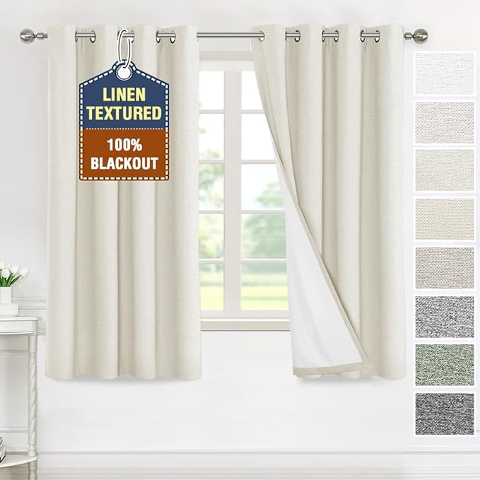 H.VERSAILTEX 100% Blackout Curtains for Bedroom Thermal Insulated Linen Textured Curtains Full Light Blocking Drapes Living Room Curtains 2 Panel Sets, 52x63 Inch, Heather Pale Oak(Not Solid)