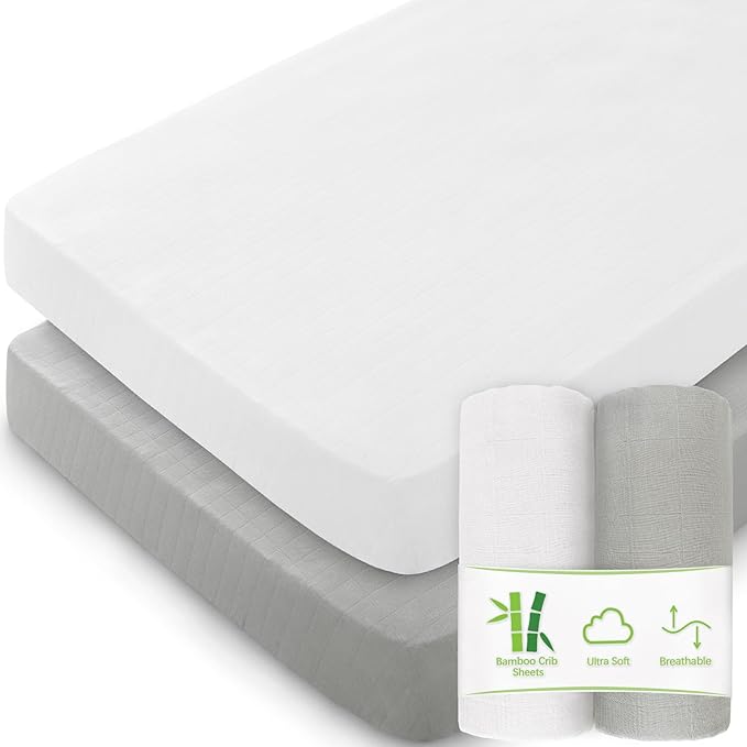 Muslin Crib Sheets for Boys and Girls 2 Pack, Ultra Soft Muslin Fitted Baby Crib Sheet for Standard Crib Mattress & Toddler Bed Mattress, Grey & White