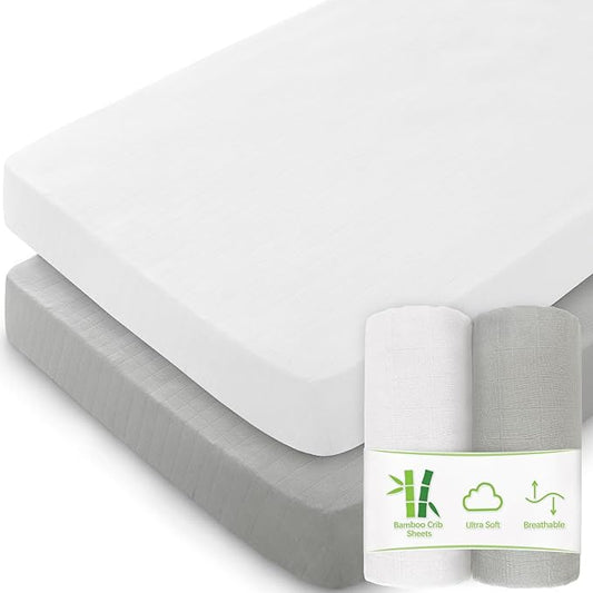 Muslin Crib Sheets for Boys and Girls 2 Pack, Ultra Soft Muslin Fitted Baby Crib Sheet for Standard Crib Mattress & Toddler Bed Mattress, Grey & White