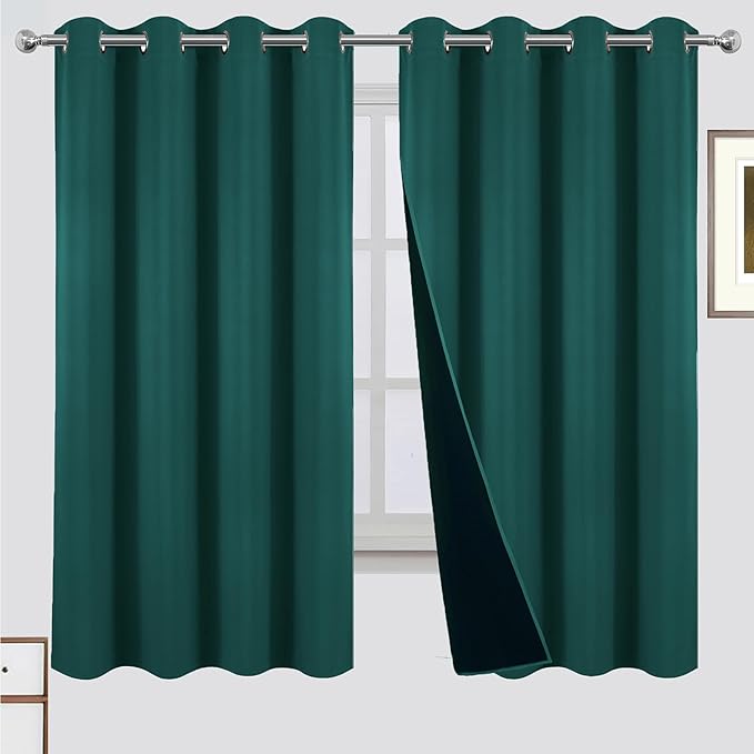 LEMOMO 100% Blackout Curtains 52 x 63 Inch Sea Teal Curtains 2 Panels Darkening Thermal Insulated Bedroom Curtains