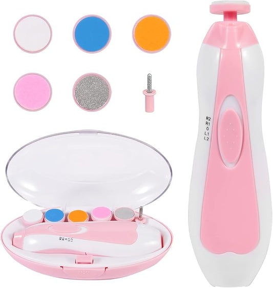 Baby Nail Trimmer Electric, Low Noise Newborn Safe Nail Clipper Kit with Light and Replaceable 6 Grinding Heads, Hand-Holding Care Polish and Trim for Infant Toddler Adults Toes Fingernails, Pink