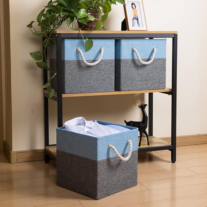 PRANDOM Large Foldable Cube Storage Bins 11x11 inch [2-Pack] Fabric Linen Storage Baskets Cubes Drawer with Cotton Handles Organizer for Shelves Nursery Closet Bedroom Blue