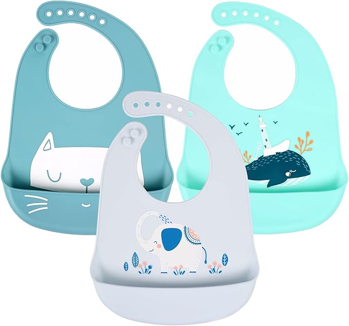 YINGJEE Baby Silicone Feeding Bibs, 3pcs Adjustable Waterproof Bibs for Feeding