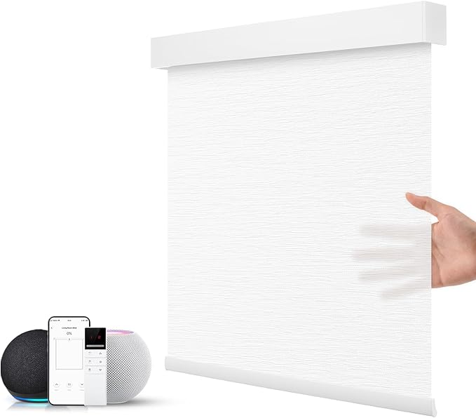 ZSTARR Motorized Smart Light Filtering Blind for Window with Remote Control, Automatic Blackout Roller Shade Customizable Size,with Valance Child Safety Rechargeable Battery Blinds(Light White)