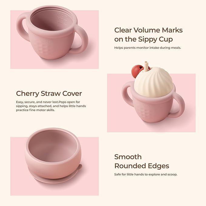 COZY ROCK Silicone Baby Feeding Set, Gelato Collection Baby Led Weaning Supplies, First Self-Feeding Set with Silicone Suction Bowl & Plate, Straw Cup & Bib, Fork & Spoon - Pink