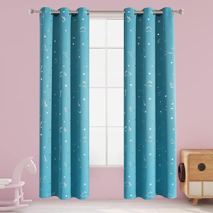 LORDTEX Dinosaur and Star Foil Print Blackout Curtains for Kids Room - Thermal Insulated Curtains Noise Reducing Window Drapes for Boys and Girls Bedroom, 42 x 84 Inch, Teal, Set of 2 Panels