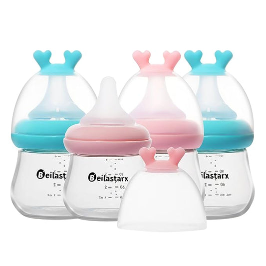 Beilastarx Glass Baby Bottles with Natural Response Nipple Size SS - Anti Colic Baby Bottles Wide Neck Slow Flow Baby Bottle (Multicolor, 4oz (Pack of 4))