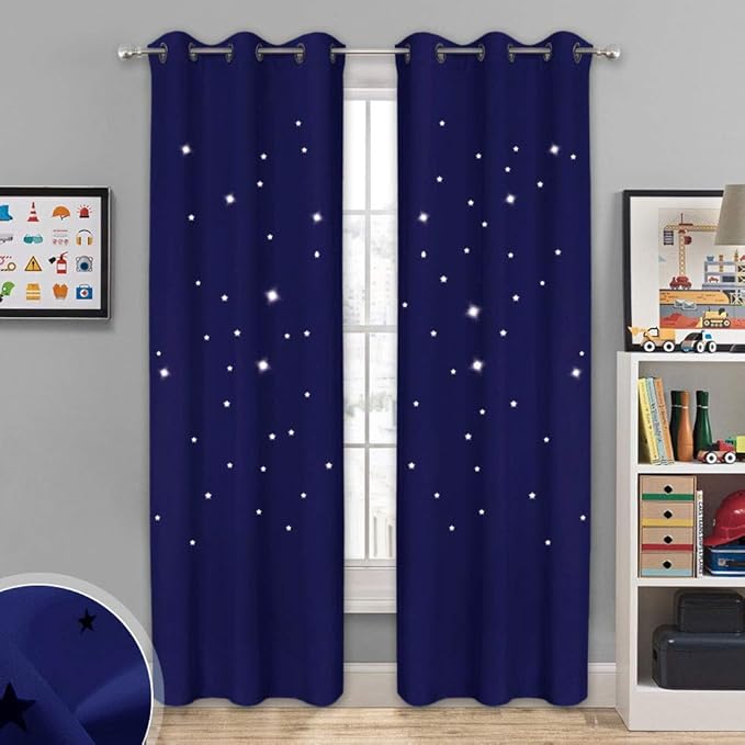 NICETOWN Star Themed Kids Curtains - Grommet Top Thermal Insulated Window Draperies with Die Cut Stars Bedroom/Home Theater/Living Room (42 inches Width, 84 inches Length, Navy Blue, 2 Panels),Adult