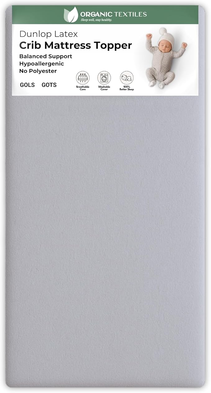 ORGANIC TEXTILES Organic Baby Mattress Topper with Heather Grey Removable Cover - GOLS/GOTS Certified - Breathable - 3" Portable (36"x26")