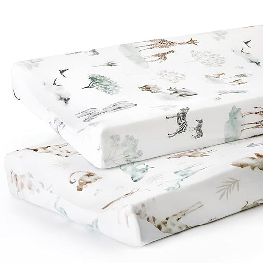 GRSSDER Stretch Ultra Soft Jersey Knit Changing Pad Cover Set 2 Pack, Change Table Pad Covers Fit 32"/34" x 16" Pads Safe and Snug, Stylish Pattern for Boys and Girls, African Savannah Animals