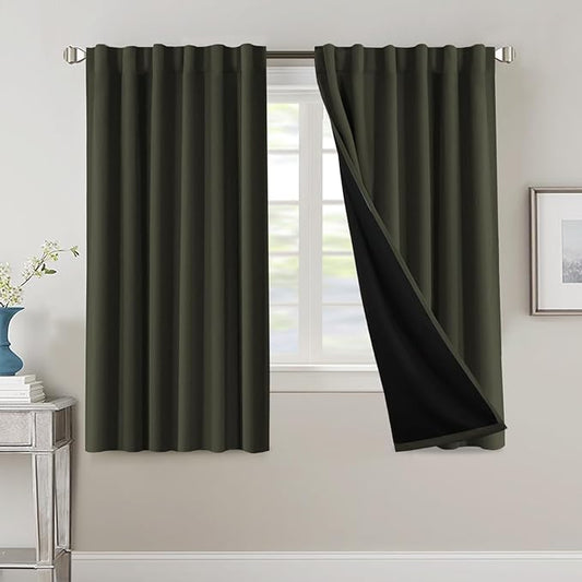 H.VERSAILTEX 100% Blackout Curtains for Bedroom with Black Liner Full Room Darkening Curtain 63 Inch Long Thermal Insulated Back Tab/Rod Pocket Window Drapes for Living Room, 2 Panels, Olive