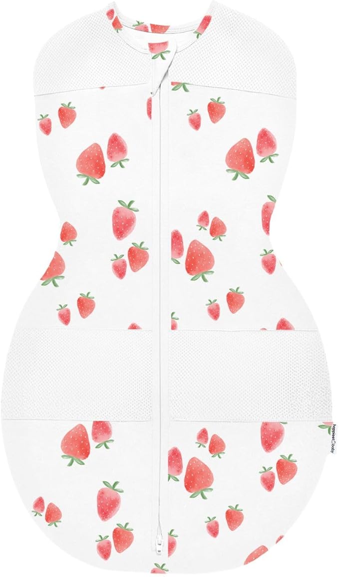 Happiest Baby Sleepea 5-Second Swaddle - 100% Organic Cotton Baby Swaddle Blanket - Doctor Designed Promotes Healthy Hip Development (Ivory Strawberries, Medium)