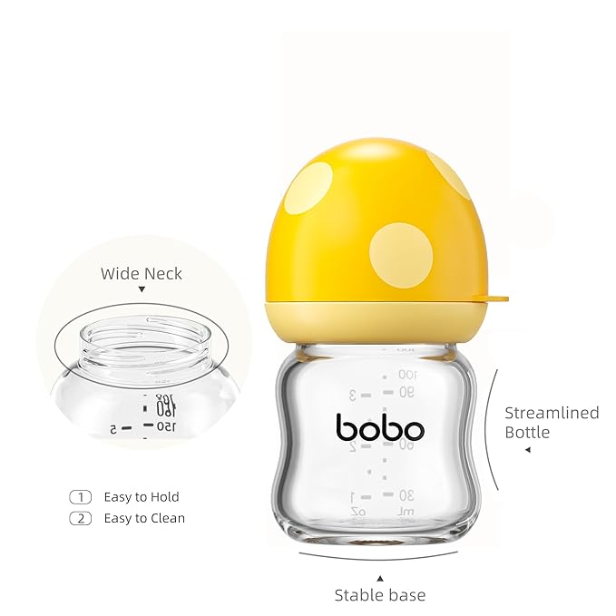 YOHKOH Natural Glass Baby Bottle with Level 1 Slow Flow Nipple, Newborn Anti-Colic Baby Bottles, Wide Neck Mushroom Baby Glass Bottle (Multicolour-A, 3.4oz (Pack of 4))