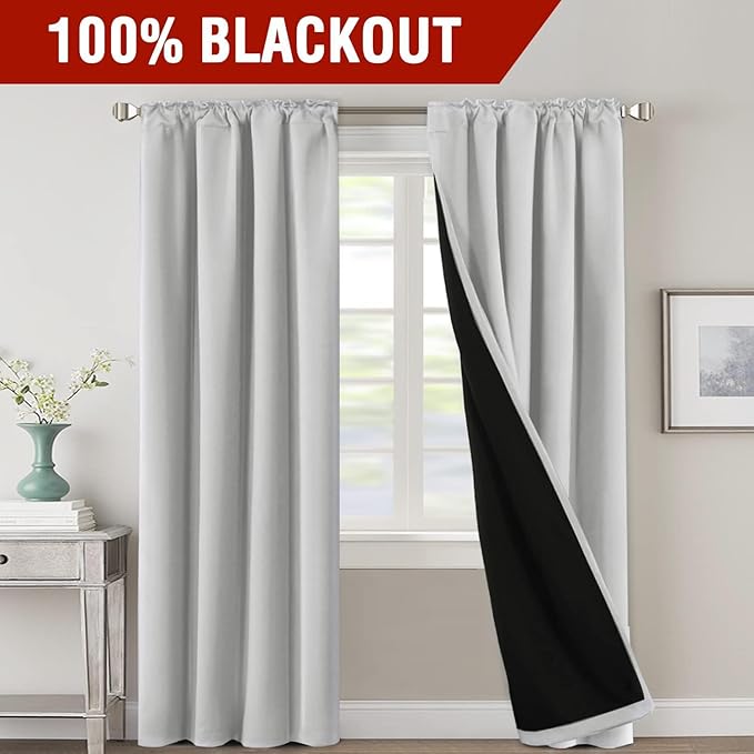 H.VERSAILTEX 100% Blackout Curtains for Bedroom with Black Liner Full Room Darkening Curtains Thermal Insulated Back Tab/Rod Pocket Drapes for Living Room, 2 Panels, 42 x 84 Inch, Greyish White