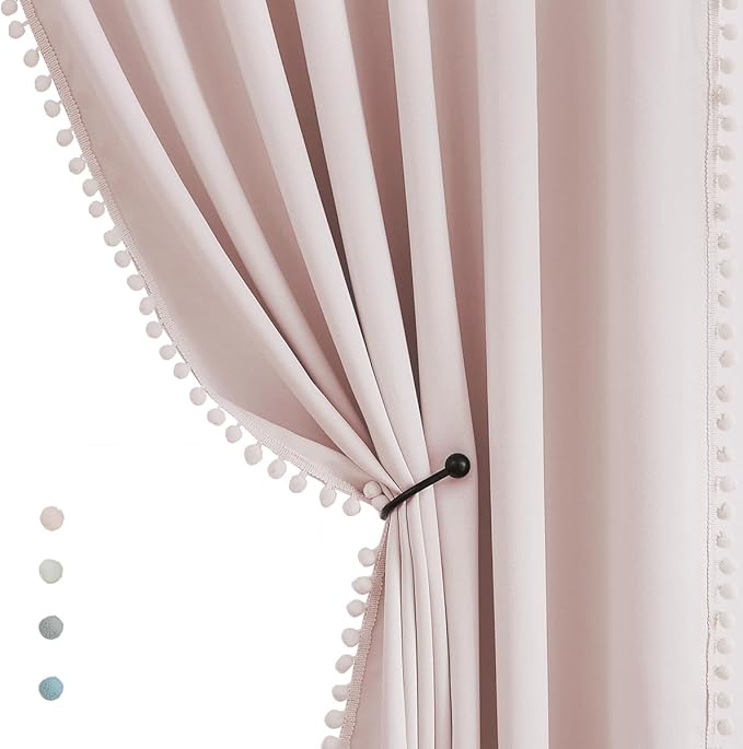 Treatmentex Pom Pom Curtains for Bedroom Pink Girls Room Blackout Window Drapes 63" Energy Efficient Thermal Insulated Living Room Darkening Curtain Panels 2pcs