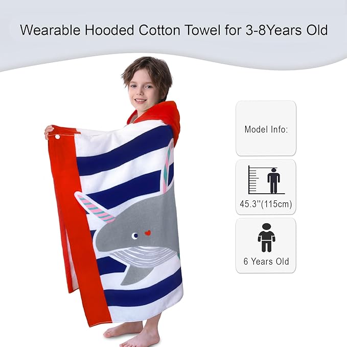 VOOVA & MOVAS Hooded Beach Towel for Kids,(3-8 Years, 30''X50),Absorbent 100% Cotton Towel Wrap for Boys, Perfect for Toddler Beach, Pool, Bath, Swimming, Hula-Hooping Narwhal