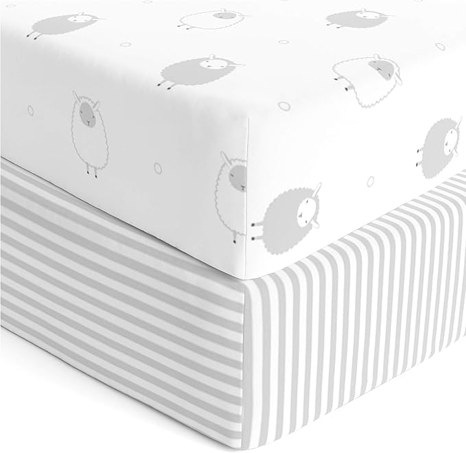 Cuddly Cubs 2 Pack Jersey Cotton Crib Mattress Sheets for Baby Boy, Girl - Grey Stripes, Sheep Toddler Bed Sheets - Fits Standard 28 x 52" Crib and Toddler Mattress