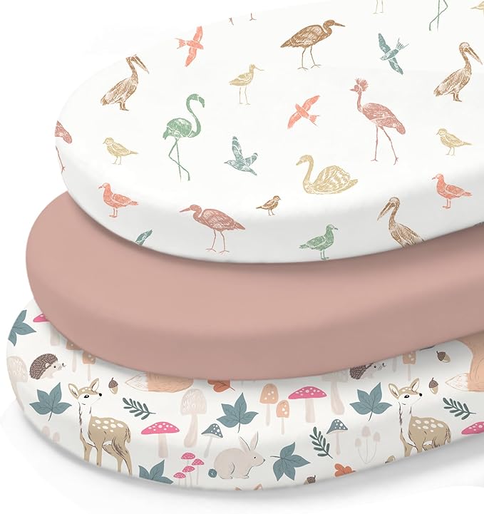 Little Grape Land Bassinet Sheets 3 Pack, 33" x 18" Fitted Bassinet Sheets Up to 4" Deep Pocket, Ultra Soft Baby Bassinet Fitted Sheets for Bassinet Mattress, Forest Friends