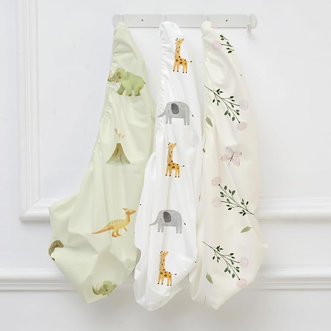 Baby Bassinet Sheets - 3 Pack Breathable Cradle Bassinet Mattress Sheets for Newborns Universal Fit for Hourglass, Oval, Rectangle Mattresses (32" x 16") Dinosaur Elephant